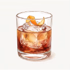 Watercolour illustration of an old fashioned cocktail with an orange twist
