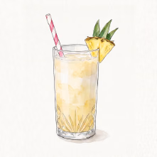 The same pineapple cocktail, now with a stripy red and white straw