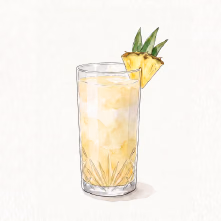 Watercolour illustration of a pineapple cocktail with a pineapple wedge